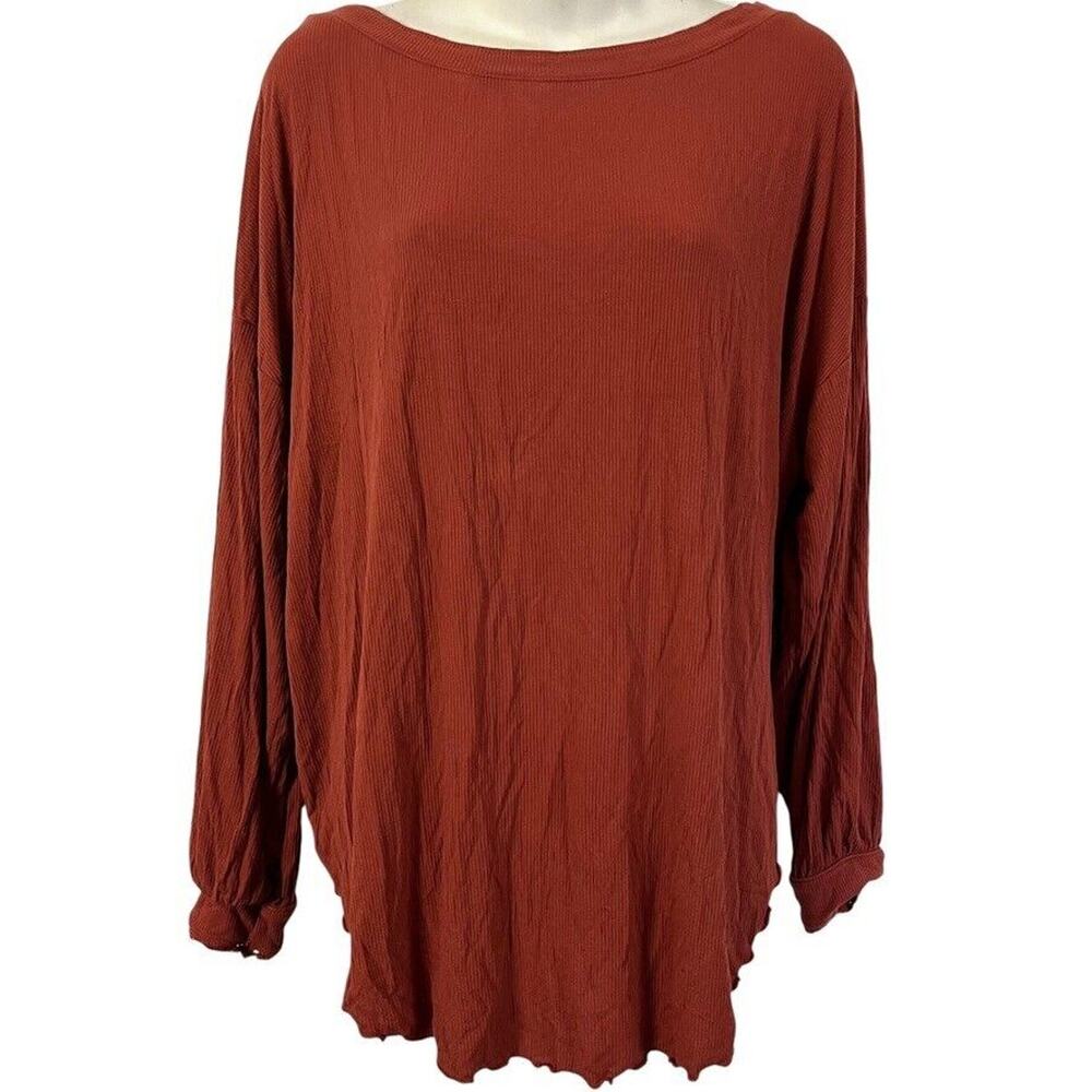 Free People Womens Ribbed V-Back Long Sleeve Crochet Trim Top Shirt Blouse sz XS